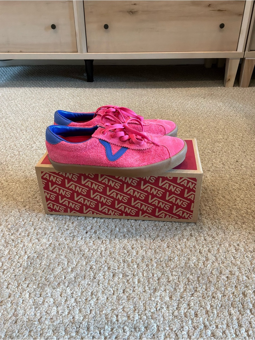 Vans Hot Pink Suede Sneakers with Blue Accents